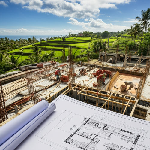 Illustration of a Bali construction site with workers and a blueprint, overseen by a general contractor.