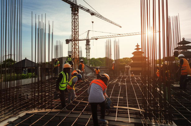 Construction site in Bali with general contractor overseeing the project and workers collaborating.