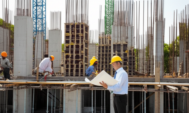 Construction site in Bali with general contractor overseeing the building process.