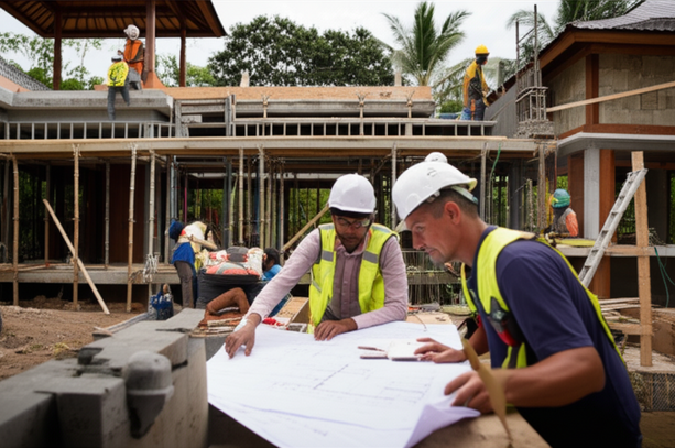 A general contractor overseeing the construction of a Balinese villa, coordinating workers and reviewing blueprints.