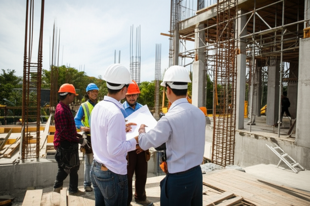 Construction site in Bali, with a general contractor overseeing a team of workers.