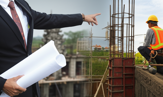 Image illustrating the distinct roles of a general contractor, who manages the project, and a builder, who physically constructs the building. The image is split to show both roles. The background is a Bali construction site.