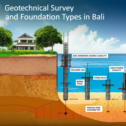 Diagram showing geotechnical survey analysis of Bali soil and illustrations of various foundation types, including raft footings and pile foundations.
