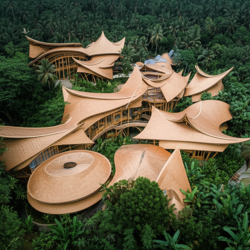 Aerial view of the Green School Bali, showcasing sustainable bamboo architecture and its integration with nature.