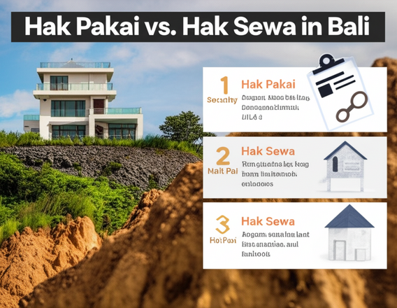 Infographic comparing Hak Pakai (Right to Use) and Hak Sewa (Leasehold) land ownership options in Bali for foreign nationals, highlighting key differences in security and investment value.