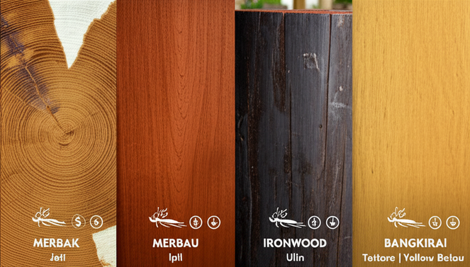 Comparison of Teak, Merbau, Ironwood, and Bangkirai hardwoods used in Balinese villa construction, showcasing their grain, color, and durability.