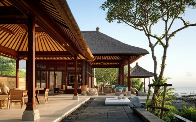 A modern Balinese villa blending traditional architecture with sustainable design principles.