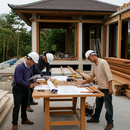 High-end construction site in Bali, showcasing a luxury villa under construction with skilled workers and project management.