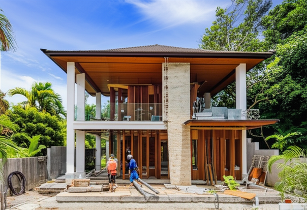 Construction of a luxury villa in Bali, showcasing high-quality materials and craftsmanship.