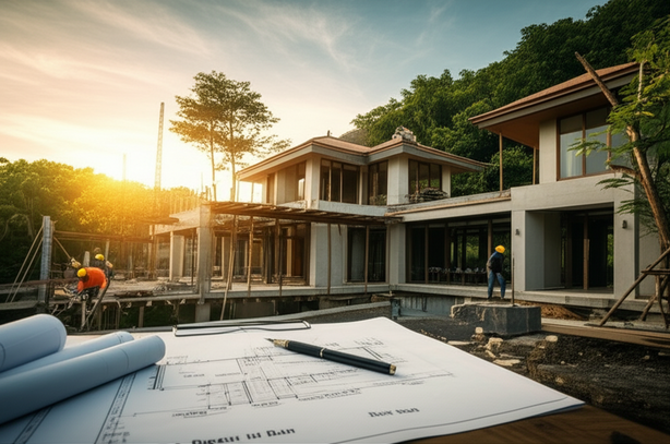 Architectural rendering showing the home planning and design process for a Balinese villa, including blueprints, construction site, and budget plan.