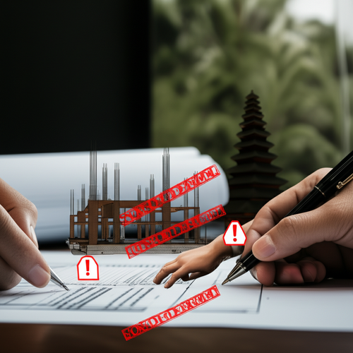 Image illustrating red flags in construction quotes in Bali, including vague pricing, unusually low bids, and pressure tactics.