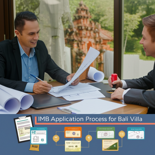 Illustration of the IMB application process for a Bali villa project, showing architects, government officials, blueprints, and the stages of approval.