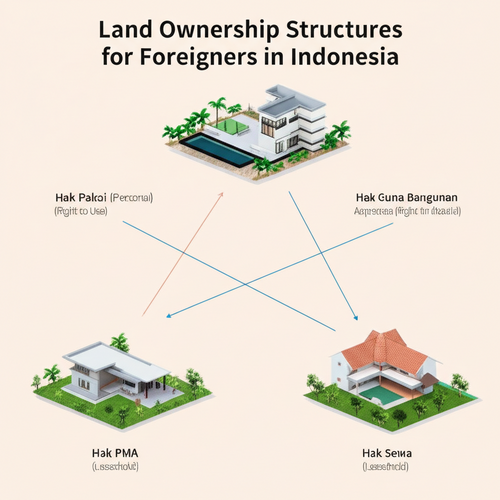 Diagram of land ownership structures available to foreigners in Indonesia, including Hak Pakai, Hak Sewa, and PT PMA with Hak Guna Bangunan.