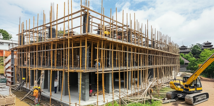 Industrial construction project in Bali, Indonesia, showcasing sustainable design and respect for local culture.
