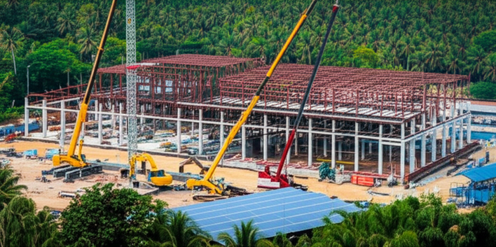 Industrial construction site in Bali, showcasing sustainable building practices and integration with the local environment.