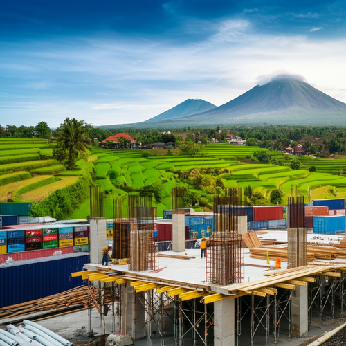 Illustration of industrial construction in Bali, showing challenges and considerations such as landscape, soil conditions, material sourcing, and regulatory landscape.