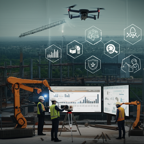 An image illustrating the various aspects of industrial construction project management in Bali, showcasing budgeting, scheduling, risk assessment, quality control, BIM, modular construction, and advanced machinery.