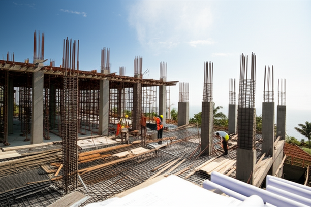 Industrial construction site in Bali, showing modern building techniques in a tropical environment.