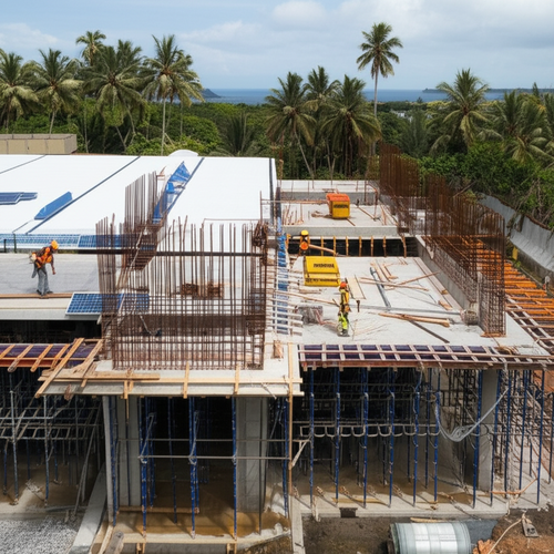 Industrial construction site in Bali showcasing safety practices, use of local materials, and sustainable building elements.
