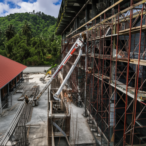Industrial renovation in Bali, showcasing construction workers, equipment, and the tropical environment.