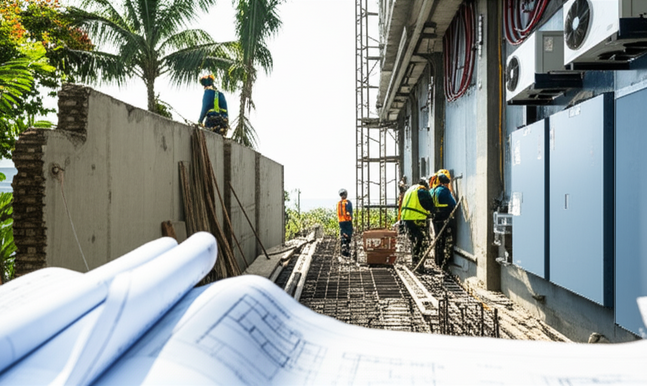 Industrial renovation construction site in Bali, showcasing the transformation of a facility.