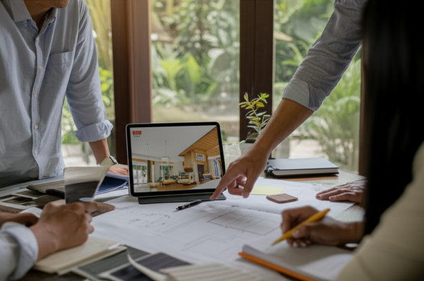 A Balinese renovation contractor and client collaborating on design plans, reviewing blueprints and material samples during the initial consultation.