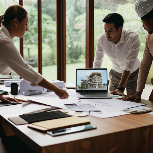 A team collaborating on architectural and interior design plans for a commercial space in Bali, including blueprints and material samples.