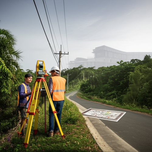 Illustration of initial site assessment, including geological surveys, topographical analysis, and infrastructure assessment, for a commercial building project in Bali.