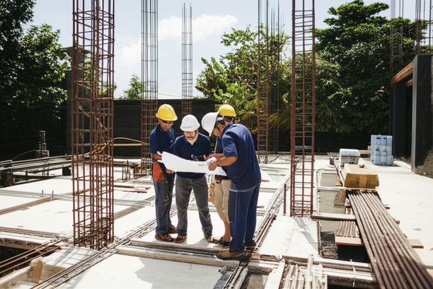 Construction workers and plumbers collaborating on a building site in Bali, demonstrating integrated construction practices.