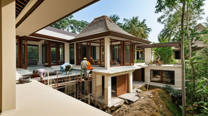 Architectural rendering of a Balinese villa, showcasing integrated design and construction services.