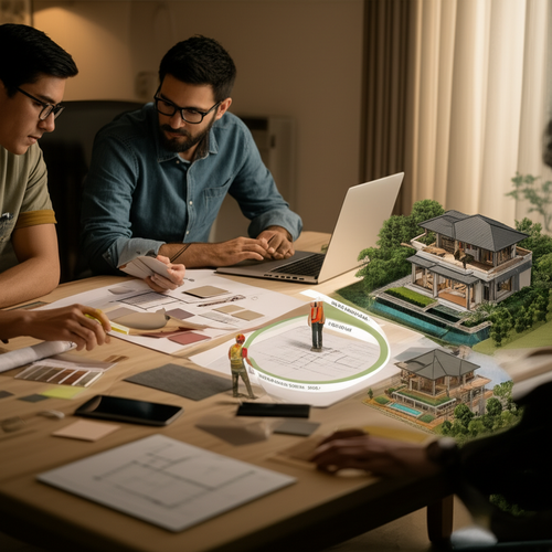 Illustration depicting the integrated design and build process for a villa in Bali, showcasing the collaboration between interior designers and contractors.