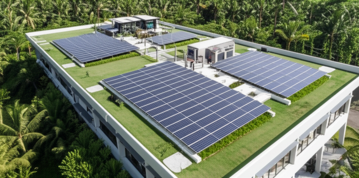 A modern building in Bali showcasing integrated MEP systems, solar panels, and sustainable design.