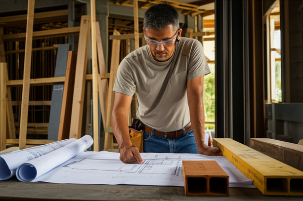 An expert framing contractor in Bali meticulously examines a detailed blueprint, illustrating the critical role of interpretation in structural construction.