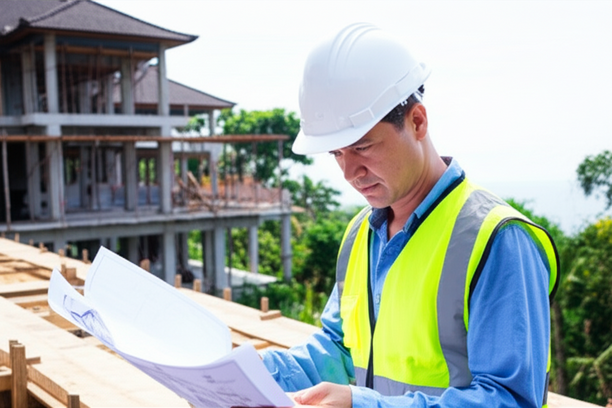A licensed construction worker in Bali inspecting blueprints on a construction site, ensuring quality and adherence to standards.