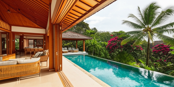 A wide shot of a luxurious, finished Bali villa, showcasing its elegant open-plan interior with natural stone and wood accents, seamlessly extending to an infinity pool and lush tropical garden with frangipani and palms, illustrating expert construction and design.
