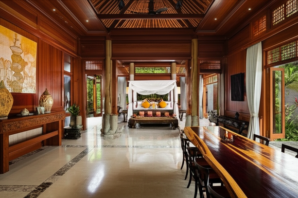 Interior of a luxurious Bali villa, showcasing a blend of modern design and Balinese craftsmanship.