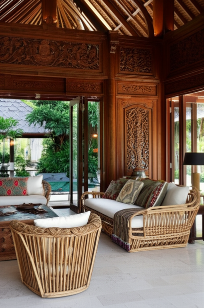 Interior of a luxurious Balinese villa with stone flooring, carved wood panels, and bespoke furniture.