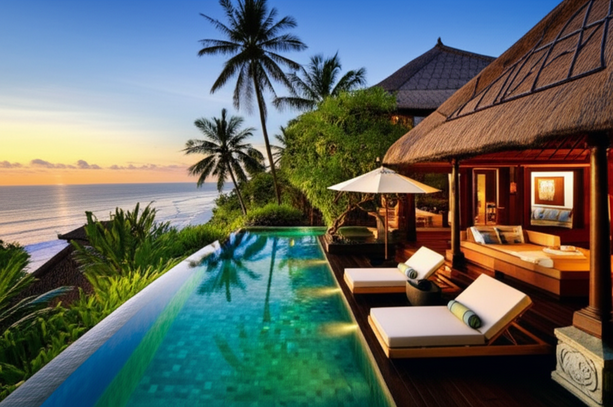 Luxurious Balinese villa with infinity pool overlooking ocean