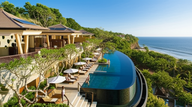 Luxury Bali resort with an infinity pool, integrated with nature and showcasing sustainable architecture.