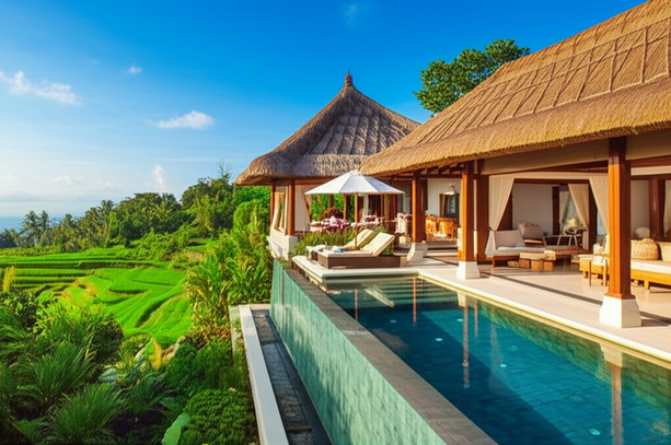 Luxury Bali villa with infinity pool overlooking rice paddies and ocean.