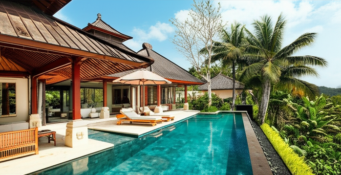 Luxury Bali villa with an infinity pool and seamless indoor-outdoor living, showcasing traditional Balinese design and modern amenities.