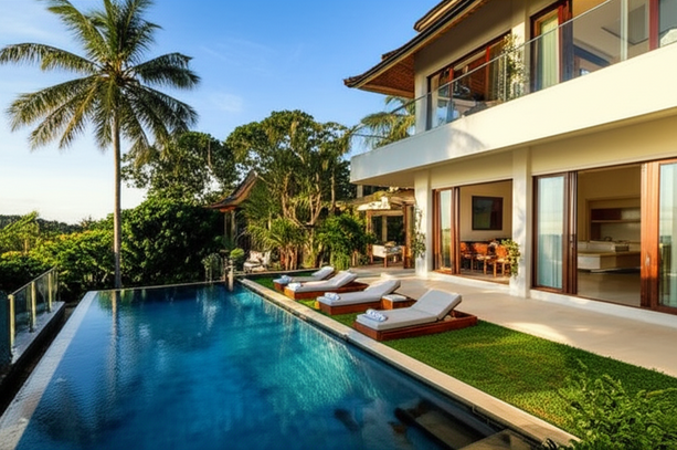 Luxurious Bali villa with an infinity pool and tropical garden, showcasing a perfect vacation rental property.