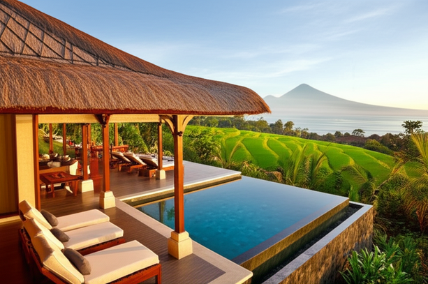 A stunning luxury Balinese villa featuring an infinity pool overlooking lush tropical landscapes and rice paddies, with an open-air living space that embodies the seamless blend of traditional design and modern comfort, set against Bali's natural beauty.