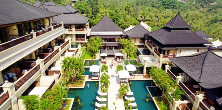 Architectural rendering of a luxurious Balinese resort, showcasing traditional architecture and lush landscaping.