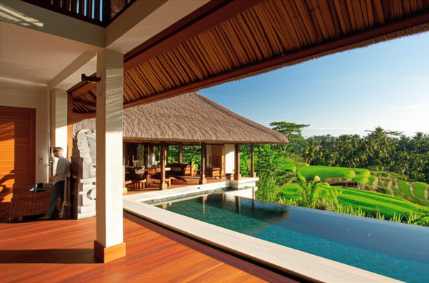 Luxury Balinese villa with infinity pool, blending modern design with traditional Balinese elements.
