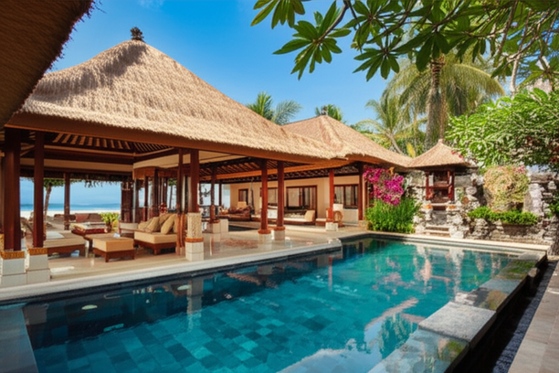 Illustration of a luxurious Balinese villa, showcasing traditional architecture and integration with nature.