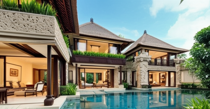 Architectural rendering of a luxury Balinese villa, showcasing traditional design elements and modern comforts