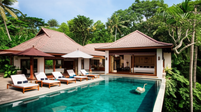 Luxurious Balinese villa blending seamlessly with the natural environment.