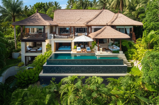 Aerial view of a luxury Balinese villa, showcasing open-air living spaces, a private pool, and integrated Balinese architecture.