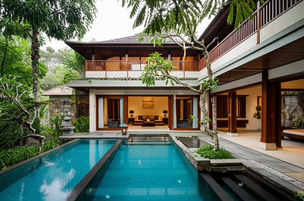 Luxurious Balinese villa showcasing seamless integration with nature and traditional architectural elements.